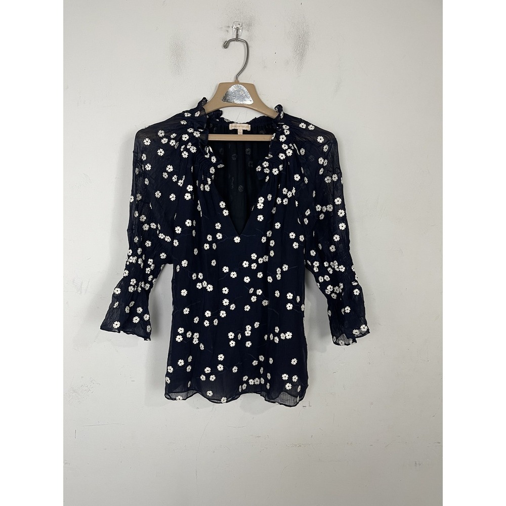 Rebecca Taylor Womens Shirt Small Navy Blue Floral Silk Blend Peasant Career